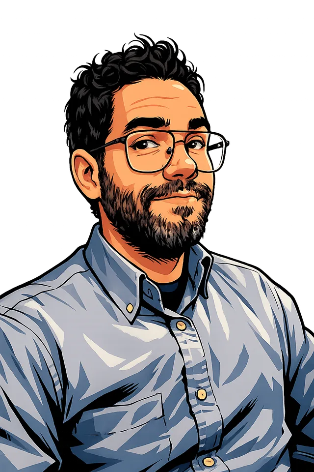 Retrato ilustrado de Carlos Quevedo, con anteojos y barba